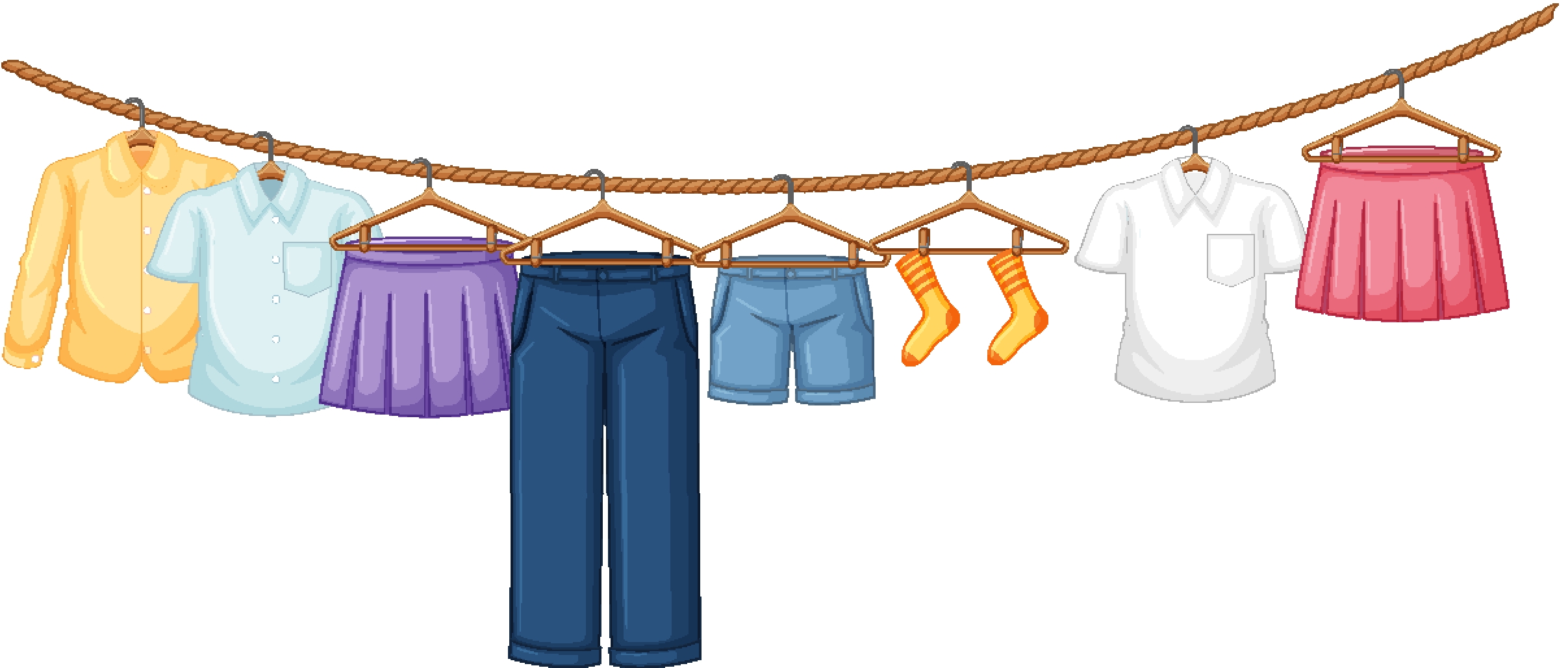 Illustration mehrere Kleidungsstücke hängen auf einer Wäscheleine