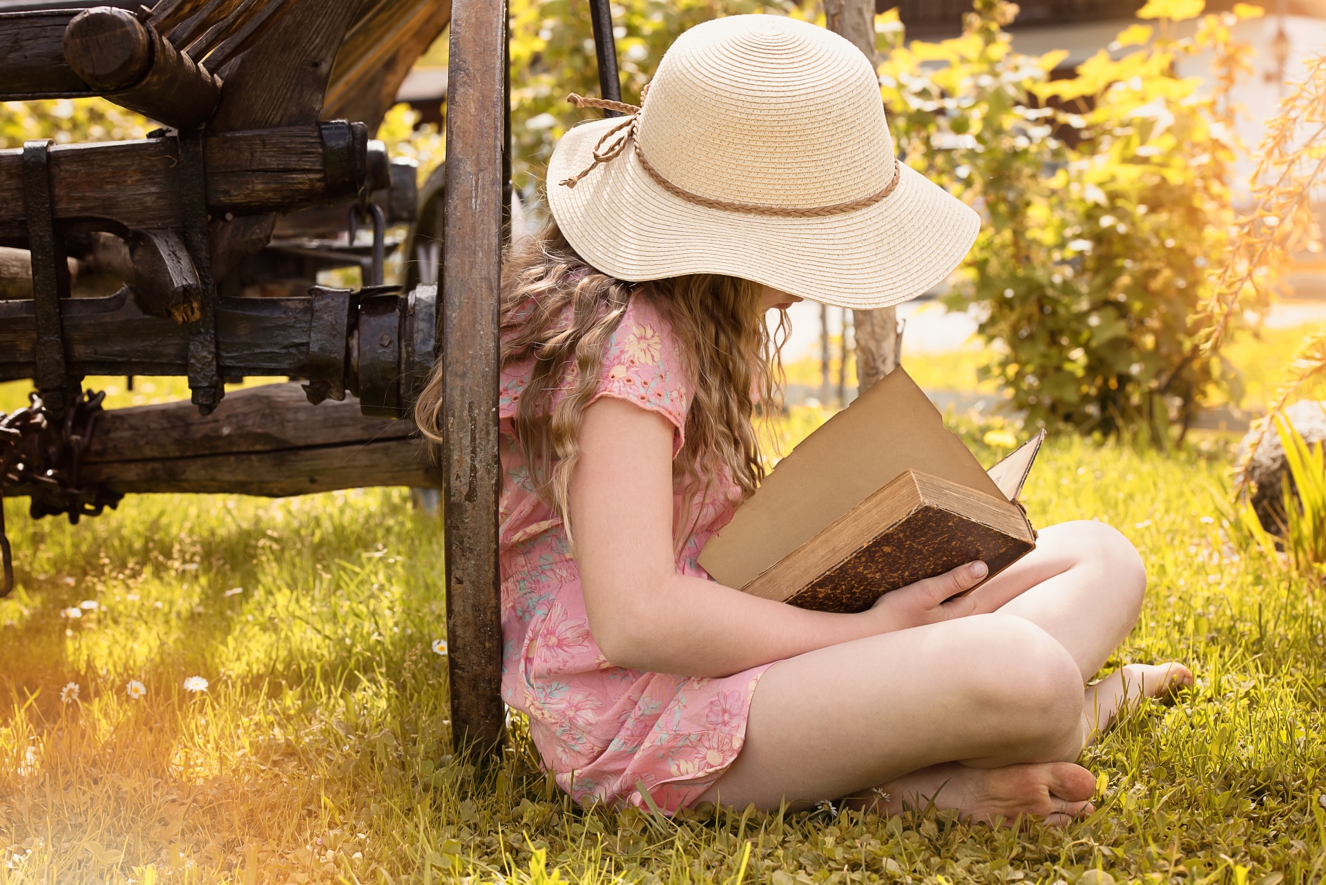 Ein Mädchen liest ein Buch bei sommerlichem Wetter auf einer Wiese und lehnt an einem Wagenrad