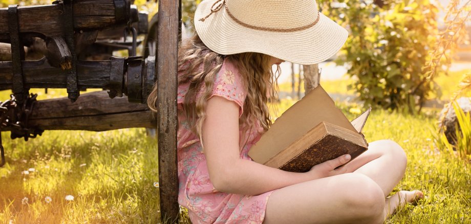 Lesen im Sommer Ein Mädchen liest ein Buch bei sommerlichem Wetter auf einer Wiese und lehnt an einem Wagenrad